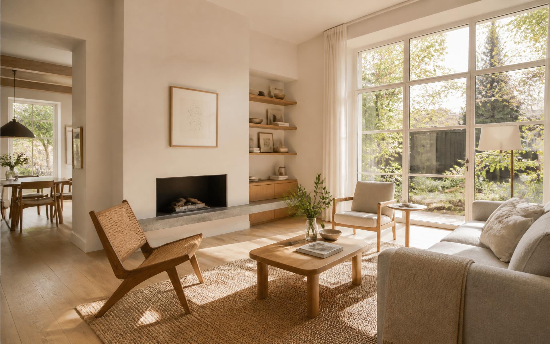 Sunlit finished living room in a completed residential renovation
